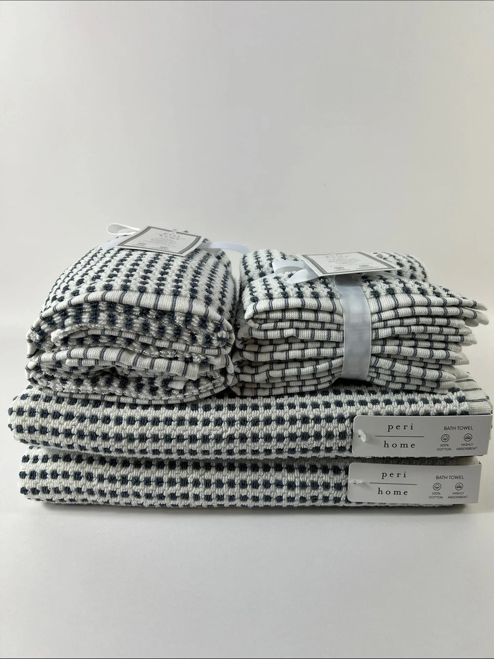 Peri Home Bath Towels Navy & White Modern Design Soft Cotton 8 Pc Set NEW